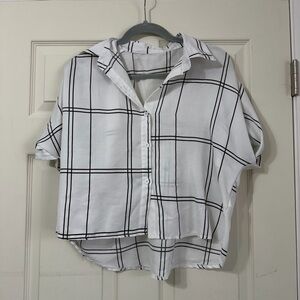 White Button-Up Plaid Cropped Shirt